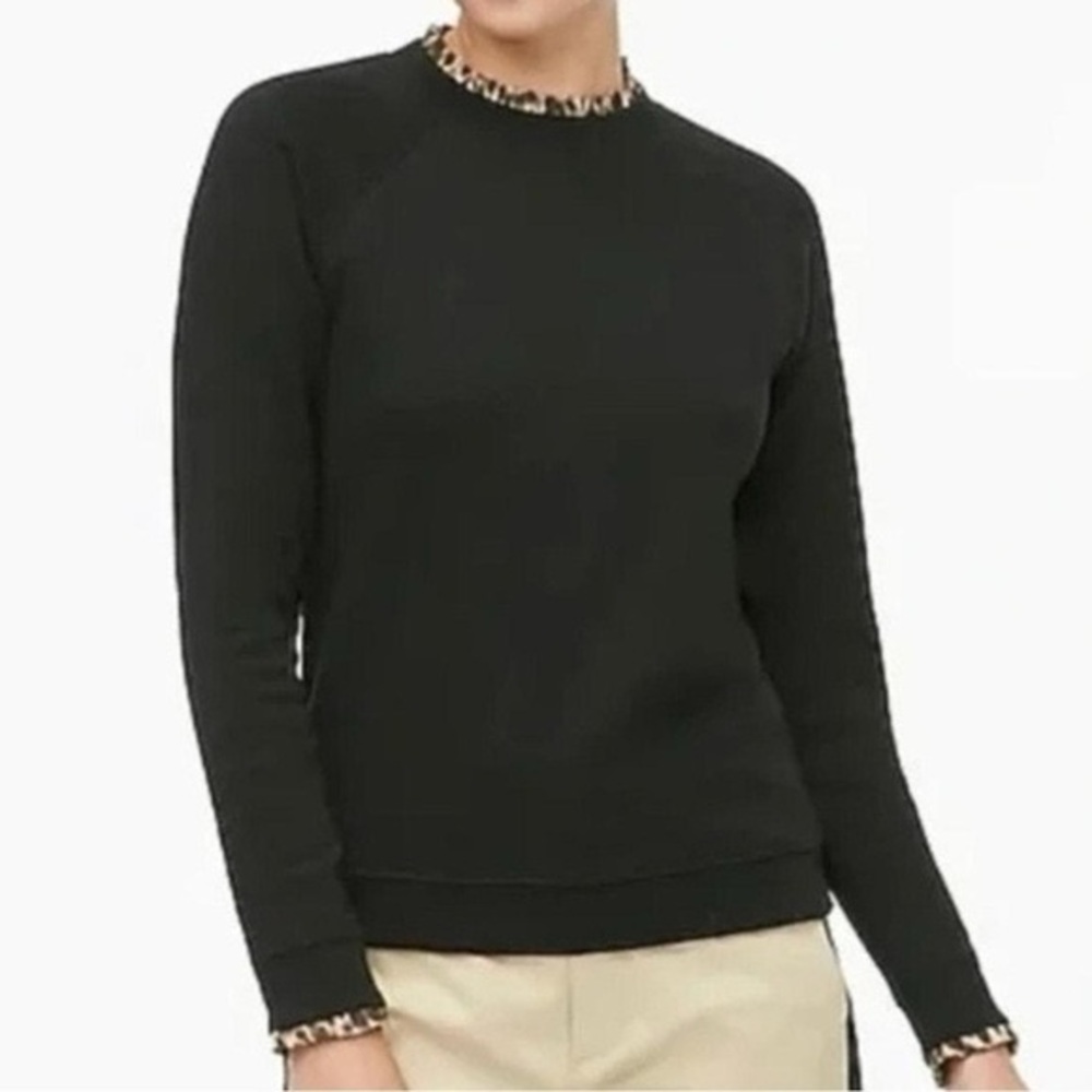 J Crew Black Sweater with Leopard Ruffle and Back Zipper